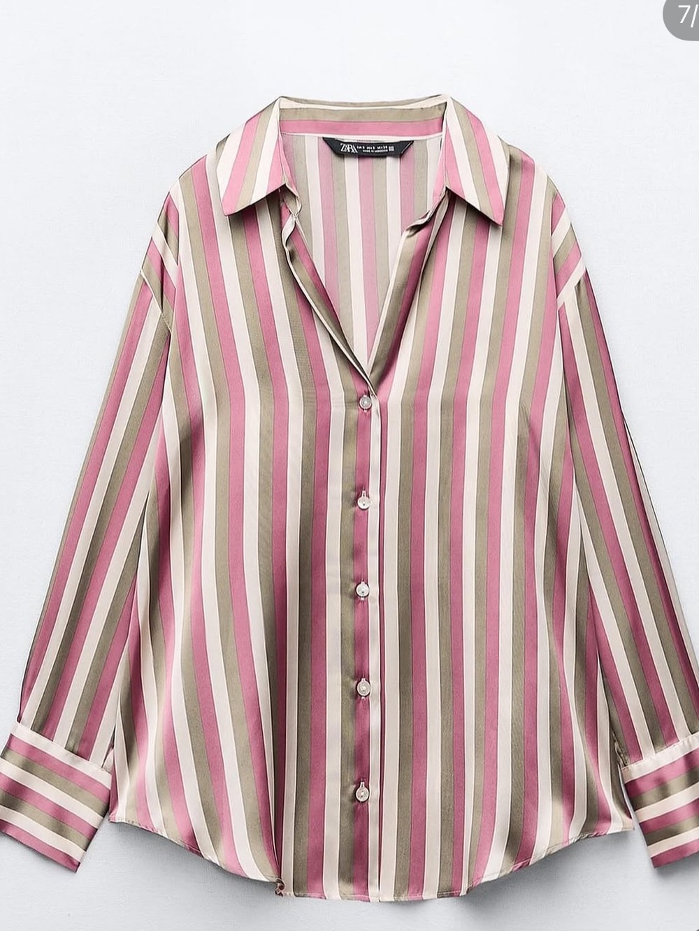 Zara Striped Satin Button-Down Shirt in Pink, Olive & Cream